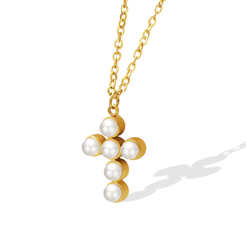 PETITE PEARL CROSS NECKLACE