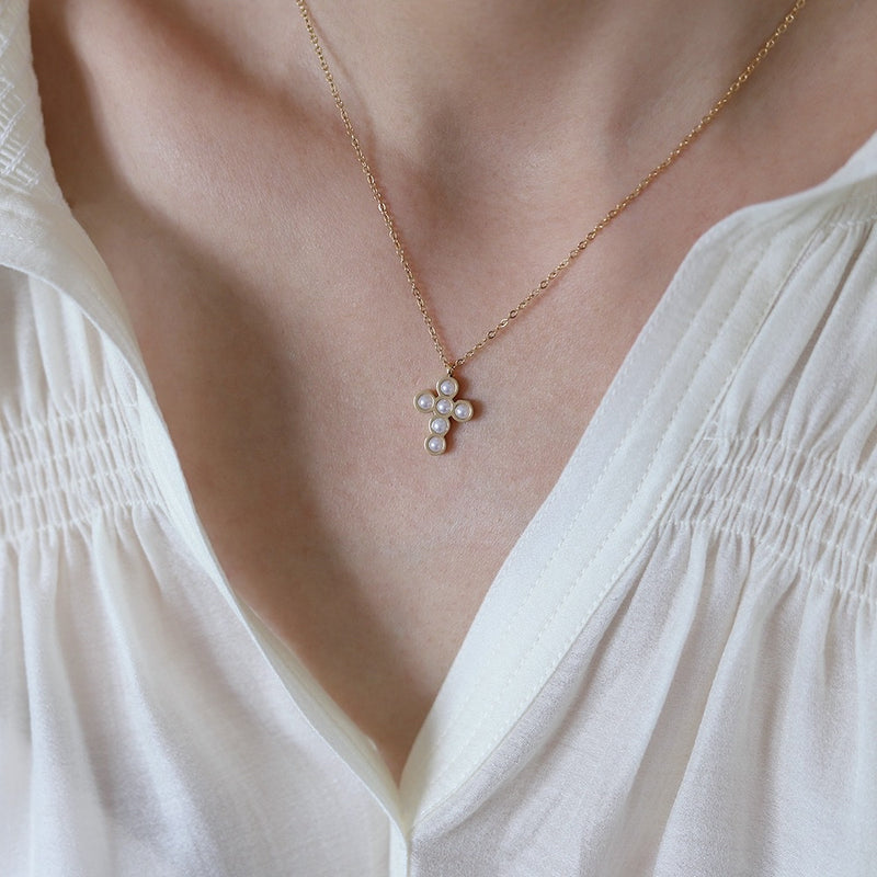 PETITE PEARL CROSS NECKLACE