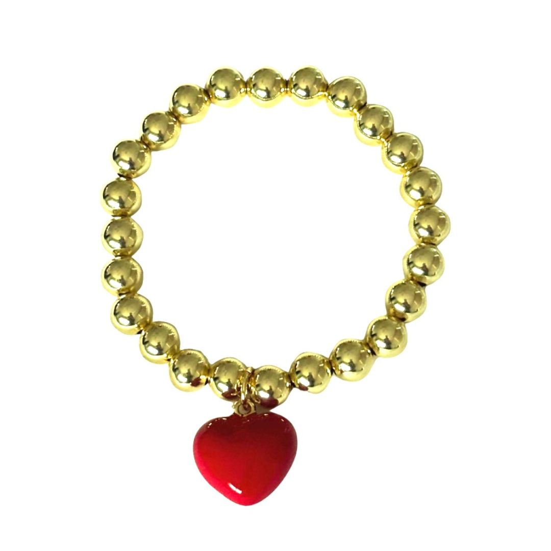 GOLDEN BEADS RED HEART CHARM BRACELET