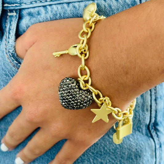 BLACK HEART CHARM LINK BRACELET