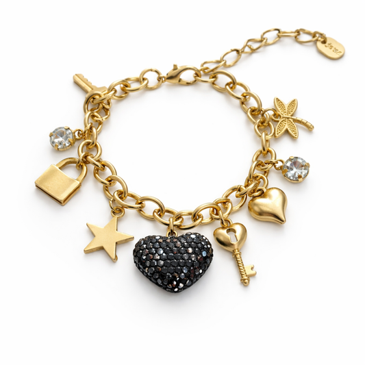 BLACK HEART CHARM LINK BRACELET
