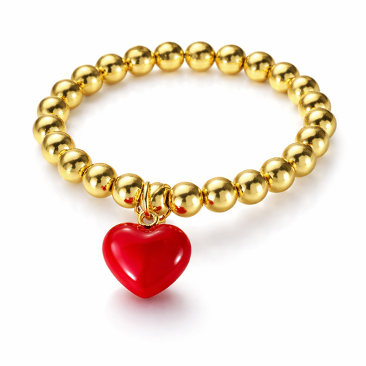 GOLDEN BEADS RED HEART CHARM BRACELET