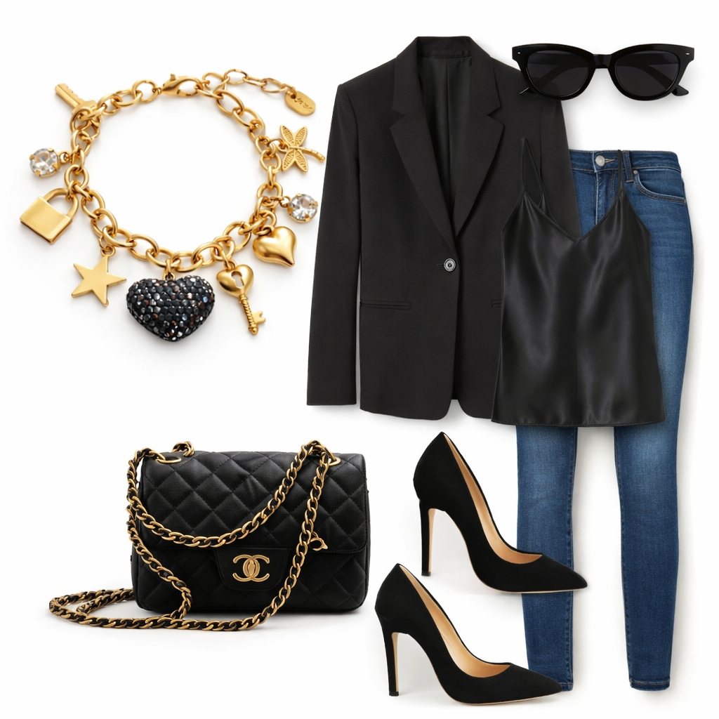 BLACK HEART CHARM LINK BRACELET